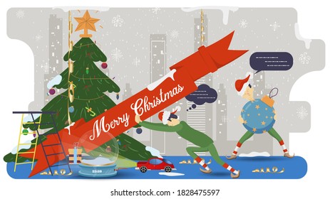 flat vector illustration for Christmas and new year design, small people in costumes of elf assistants set up a greeting sign near a fir tree