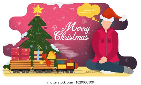 flat vector illustration for Christmas and new year design, little people, a girl in a Santa Claus hat sitting and looking at a locomotive that carries gifts on the background of a fir tree