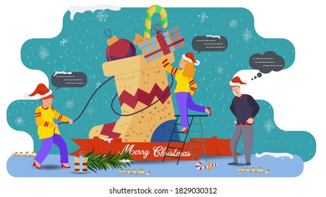 flat vector illustration for Christmas and new year design, little people set sock with gifts
