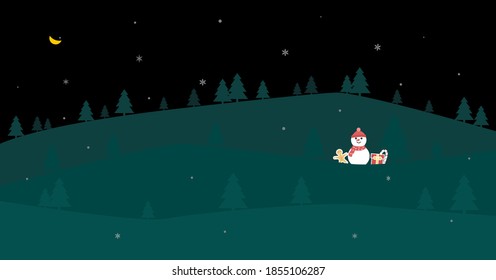 Ilustración vectorial plana del paisaje nocturno de Navidad con muñeco de nieve y regalo.
