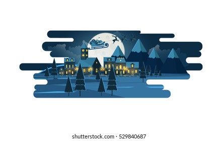 Flat Vector Illustration of Christmas Night Landscape with Flying Santa Claus.