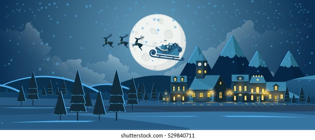 Flat Vector Illustration of Christmas Night Landscape with Flying Santa Claus.