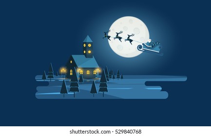 Flat Vector Illustration of Christmas Night Landscape with Flying Santa Claus.