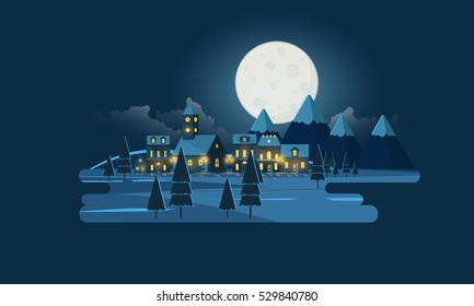 Flat Vector Illustration of Christmas Night Landscape.