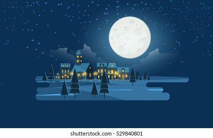 Flat Vector Illustration of Christmas Night Landscape.
