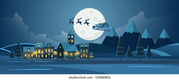 Flat Vector Illustration of Christmas Night Landscape with Flying Santa Claus.