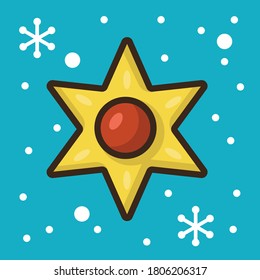 Flat vector illustration with Christmas star and snowflakes. Cute icon for sticker, card, print, web or other design. Colorful holiday image.