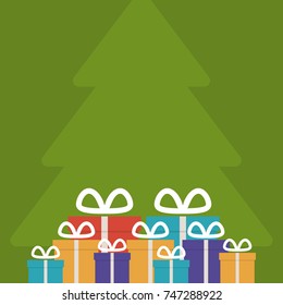 Flat Vector Illustration of Christmas Toys and Gifts under Christmas Tree Silhouette 