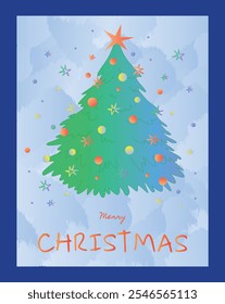 Flat vector illustration of a Christmas tree adorned with stars and colorful ornaments. The word Merry CHRISTMAS is displayed at the bottom, isolated, creating a festive atmosphere.