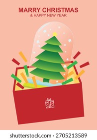 Flat vector illustration of a Christmas tree inside a festive gift box on a soft red background. Ideal for holiday cards, posters, banners, invitations, and seasonal promotional designs.