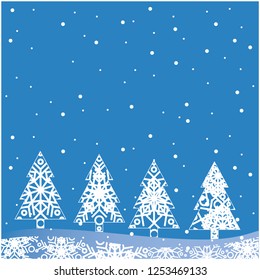 Flat vector illustration christmas trees made from snowflakes on blue background for new year and christmas cards, greetings, posters, flyers, invitations, prints, seasonal design and decoration, web.
