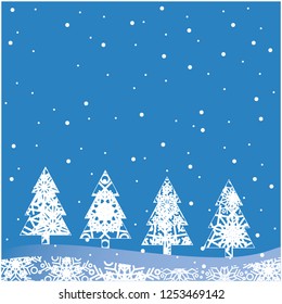 Flat vector illustration christmas trees made from snowflakes on blue background for new year and christmas cards, greetings, invitations, prints, posters, flyers, seasonal design and decoration, web.
