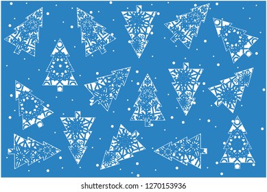Flat vector illustration christmas trees with snowflakes on blue background for christmas and new year cards, invitations, greetings, prints, posters, flyers, seasonal design and decoration, web.