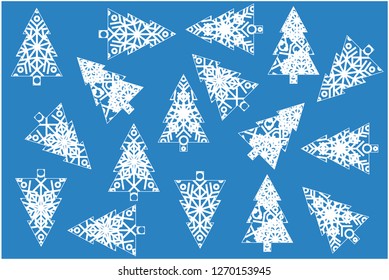 Flat vector illustration christmas trees made from snowflakes on blue background for new year and christmas cards, greetings, invitations, prints, flyers, posters, seasonal design and decoration, web.