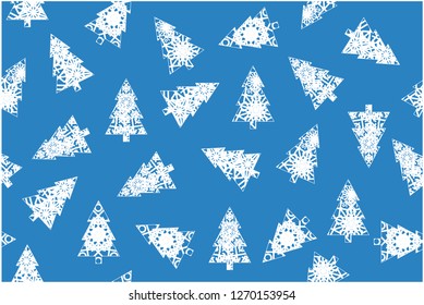 Flat vector illustration christmas trees made from snowflakes on blue background for new year and christmas cards, greetings, invitations, prints, posters, flyers, seasonal design and decoration, web.