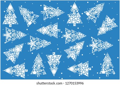 Flat vector illustration christmas trees with snowflakes on blue background for new year and christmas cards, invitations, greetings, prints, posters, flyers, seasonal design and decoration, web.