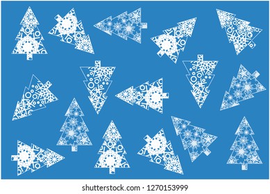 Flat vector illustration christmas trees made from snowflakes on blue background for new year and christmas cards, invitations, greetings, flyers, prints, posters, seasonal design and decoration, web.
