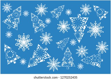 Flat vector illustration christmas trees with snowflakes on blue background for new year and christmas cards, seasonal design and decoration, greetings, invitations, prints, posters, flyers, web.