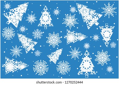 Flat vector illustration christmas trees with snowflakes on blue background for new year and christmas cards, seasonal design and decoration, invitations, greetings, posters, prints, flyers, web.