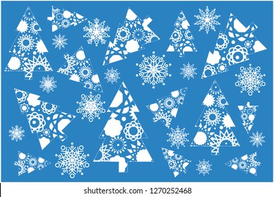 Flat vector illustration christmas trees with snowflakes on blue background for new year and christmas cards, greetings, invitations, posters, flyers, prints, seasonal design and decoration, web.