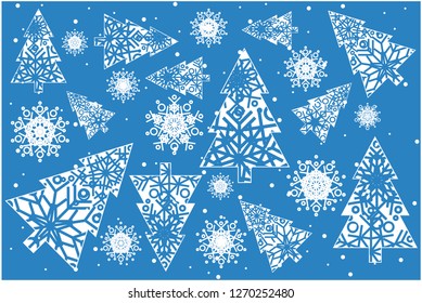 Flat vector illustration christmas trees with snowflakes on blue background for new year and christmas cards, posters, flyers, prints, invitations, greetings, seasonal design and decoration, web.