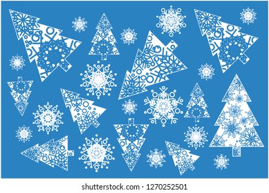 Flat vector illustration christmas trees with snowflakes on blue background for christmas and new year cards, prints, posters, flyers, invitations, greetings, seasonal design and decoration, web.