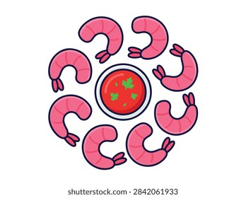 A flat vector illustration of a circle of pink shrimp surrounding a small bowl of red dipping sauce with green herbs on a white background.