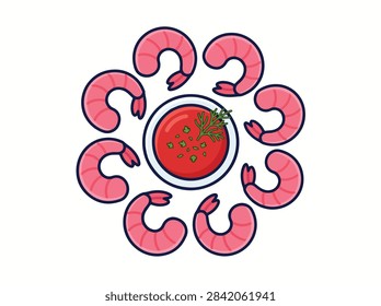 A flat vector illustration of a circle of pink shrimp surrounding a small bowl of red dipping sauce with herbs.