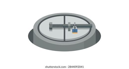 A flat vector illustration of a circular manhole cover secured with a metal bolt and a small blue padlock.