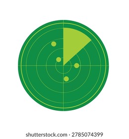 A flat vector illustration of a circular radar screen showing a scanning light green beam and several yellow blips representing detected objects on a dark green background.
