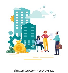 Flat vector illustration, city of the future. People who work as a team. Smart, modern, high-rises, environment, skyscraper architecture, popular business centers. List of real estate money. Work time