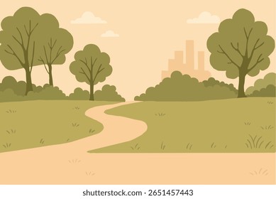 Flat Vector Illustration of a City Park Landscape with Trees and Path on a Sunny Day