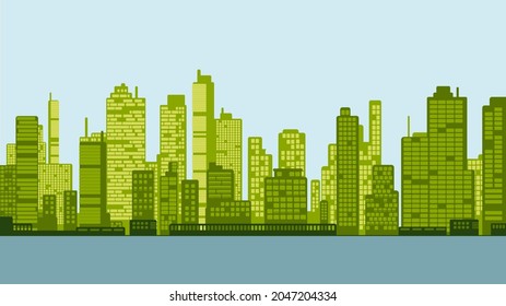 Flat vector illustration of city road landscape street with office buildings skyline in cartoon style. Green City