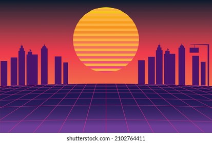 fondo de reola, ilustración vectorial con cuadrícula de ciberpunk de los años 80, puesta de sol y rascacielos