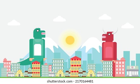 
flat vector illustration of a city with skyscrapers and monsters