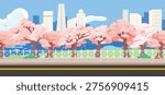 A flat vector illustration of a city street and riverside scenery with blooming cherry blossoms.
