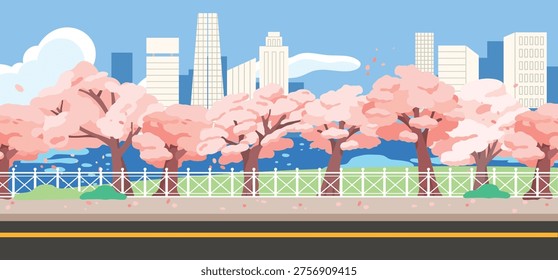 A flat vector illustration of a city street and riverside scenery with blooming cherry blossoms.
