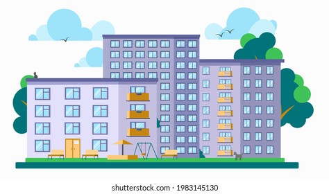 Flat vector illustration cityscape with modern family houses, apartment blocks with trees, clouds, playground for children and benches. 