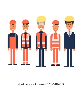 Flat vector illustration of civil engineer, architect and construction workers characters group. 