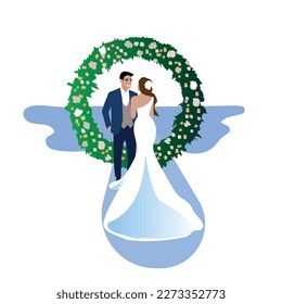 Flat vector illustration of civil wedding ceremony. Bride and groom 2D cartoon characters with landscape on background	