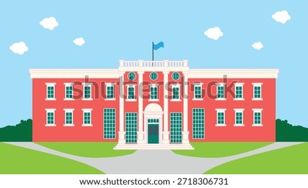 Flat vector illustration of a classic academic or government building with red brick exterior, white columns, and a blue flag. Perfect for university, education, and campus designs
