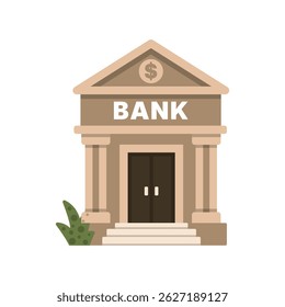Ilustração vetorial plana de um edifício bancário clássico com colunas, degraus e um símbolo de dólar simbolizando instituições e serviços financeiros.