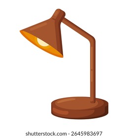 Ilustração vetorial plana de uma lâmpada de mesa marrom clássico com lâmpada brilhante. Ideal para temas de estudo, trabalho, criatividade, iluminação e foco. Isolado no fundo branco.
