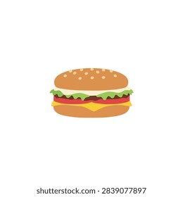 Flat vector illustration of a classic cheeseburger with sesame bun and lettuce.