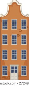 Ilustración vectorial plana de una casa de canal holandesa con ladrillo naranja y ventanas Grandes