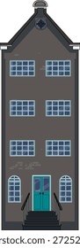 Ilustración vectorial plana de la casa del canal holandés clásico, fachada oscura, ventanas azules, composición simétrica