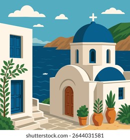 Flat vector illustration of a classic Greek island scene featuring whitewashed buildings, blue domes, terracotta pots, and a deep blue sea with mountains in the background