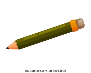 Flat vector illustration of a classic green pencil with sharpened tip and eraser. Ideal for education, writing, drawing, creativity, and note-taking themes. Isolated on white background.