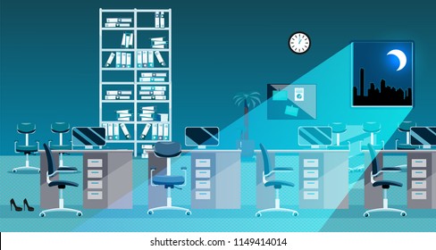 Flat vector illustration of classic office room interior at night. Open space without people. Order on tables, document folders, turquoise moon light, palm tree, file rack with documents, clock, notes