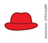 A flat vector illustration of a classic red fedora hat with a bold outline isolated on a white background.